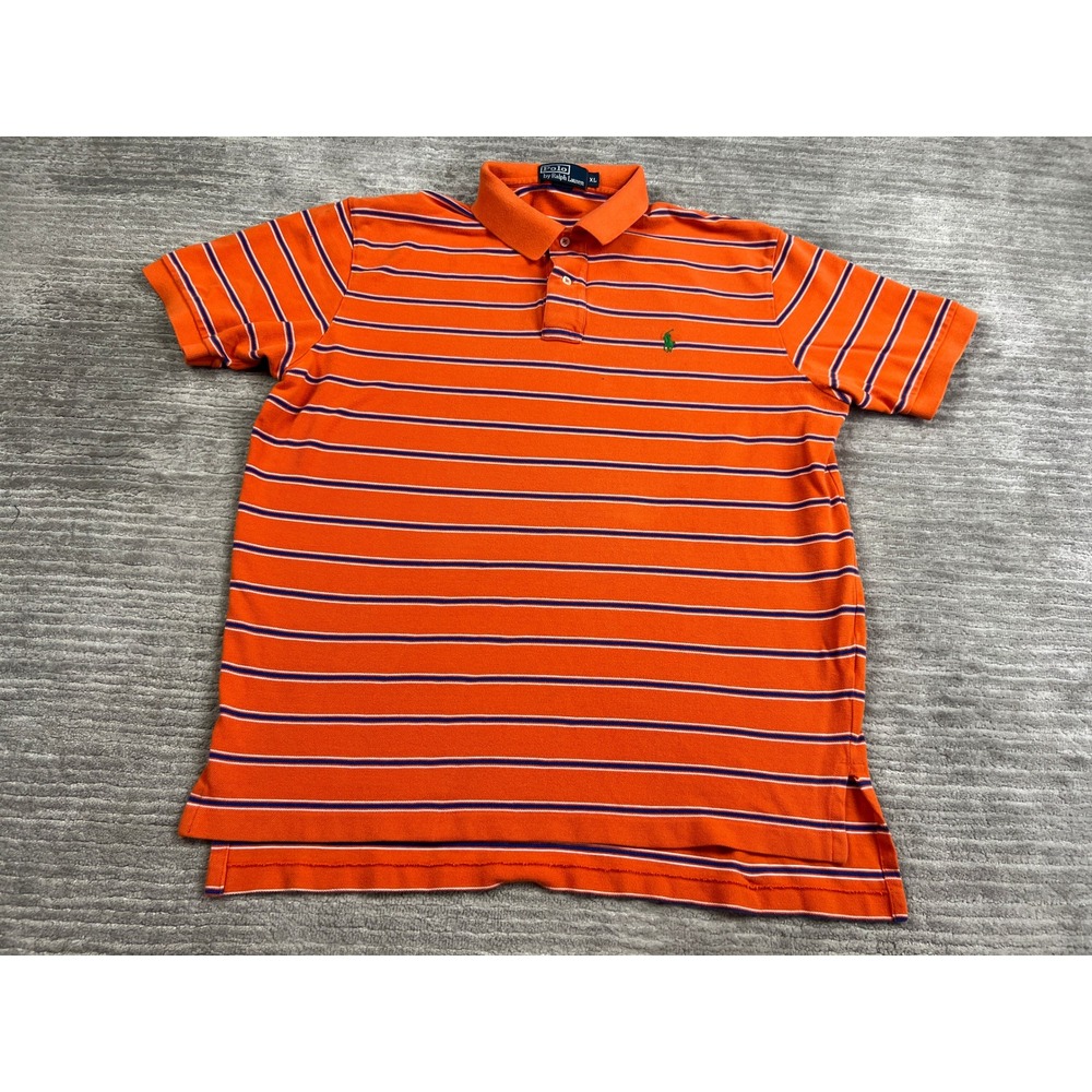 Polo Ralph Lauren Polo Shirt Mens XL Orange Striped Short Sleeve Pique Pony Logo
